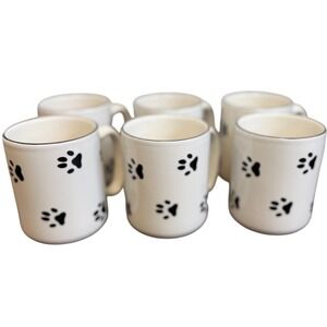 Vintage Pfaltzgraff Paw Print Coffee Mugs Set of 6 White Black 12oz